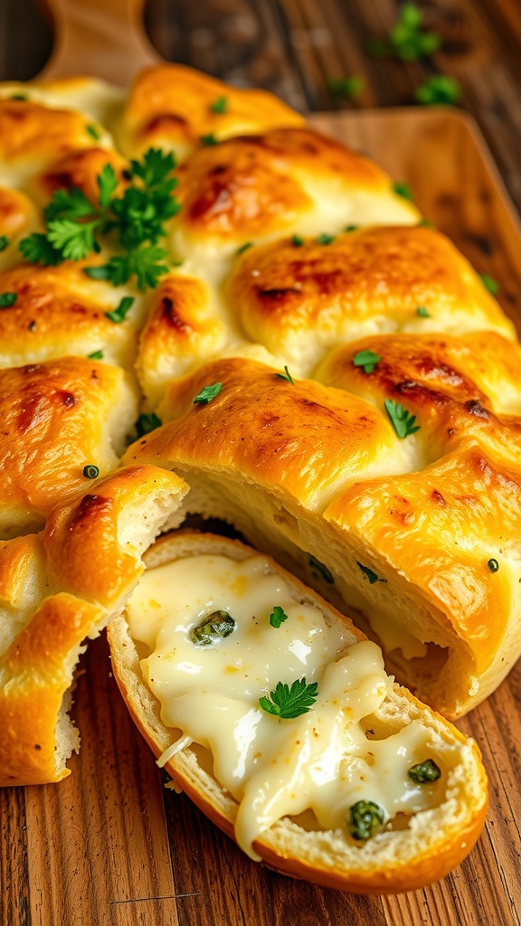 Golden garlic cheese bread with bubbly cheese, sliced on a wooden table, garnished with parsley.